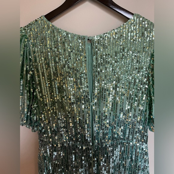 Rixo Sequin Ombré Aqua Turquoise Green Flutter Sleeve Midi Dress Gown - Picture 10 of 10